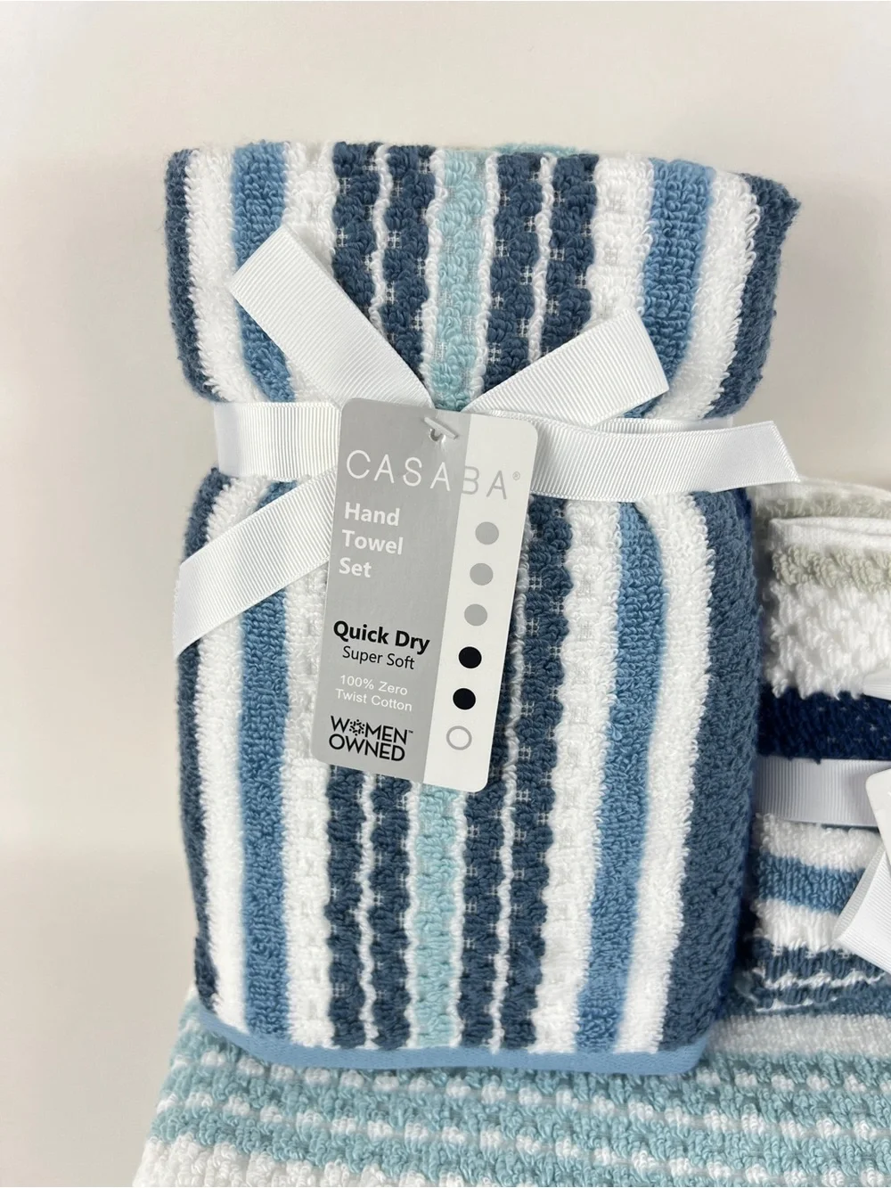 Casaba 8 Pc Bath Towel Set Blue White Taupe Striped Super Soft Cotton Blend NEW